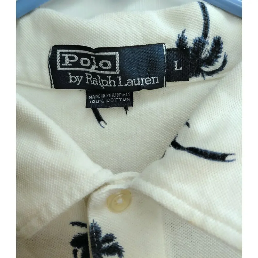 VTG Polo Ralph Lauren Palm Tree Print Polo Shirt White Black Blue L Cruise 2002